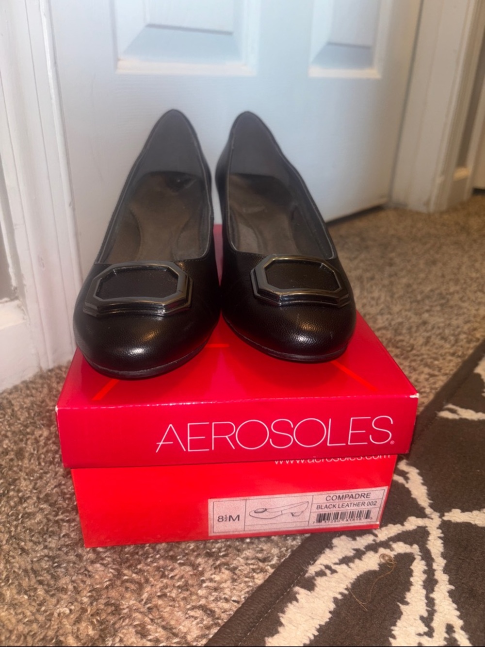 AEROSOLES Black Leather Pointed Toe Flats with Decorative Buckle